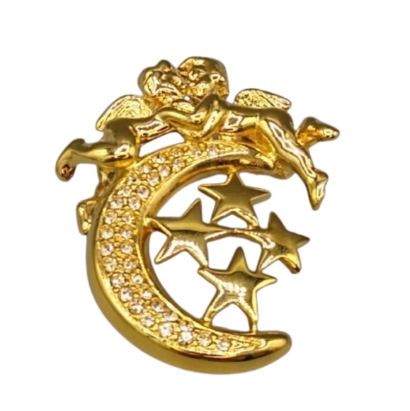 Jewelry - Cherub Crescent Moon Angel Brooch with Rhinestone Stars Valentine's Gift Vintage